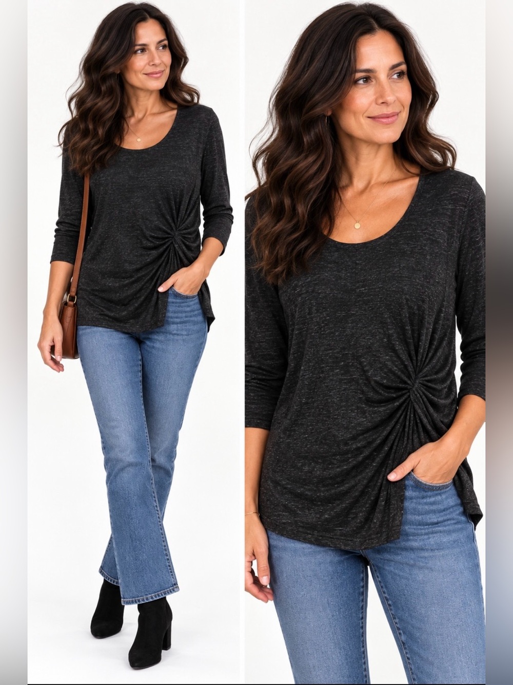 Monoreno Heather Black Side Knot Tunic Top 3/4 Sleeve Stretch Size L